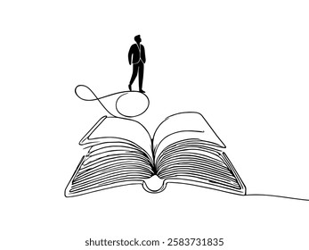 Single continuous line drawing man standing on a large flying open book. Like riding a cloud, able to fly as high as possible. Reading increases insight. Love read. One line design vector illustration