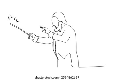 Single continuous line drawing  man conductor performing on stage, male musician in tuxedo directing classic instrumental symphony orchestra. 
 Hand made vector not AI.