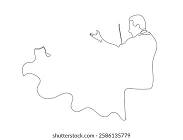 Single continuous line drawing  man conductor performing on stage, male musician in tuxedo directing classic instrumental symphony orchestra. musician concept.
 Hand made vector not AI.