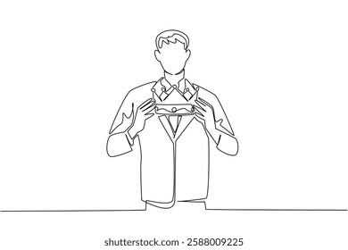 Single continuous line drawing a man in suit and tie holding a crown with both hands. The most worthy award to win. Best achievement. Success. Reward Yourself Day. One line design vector illustration