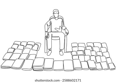 Single continuous line drawing a man sitting on a chair and around him there are various books. Sitting waiting for potential buyers. National Small Business Day. One line design vector illustration