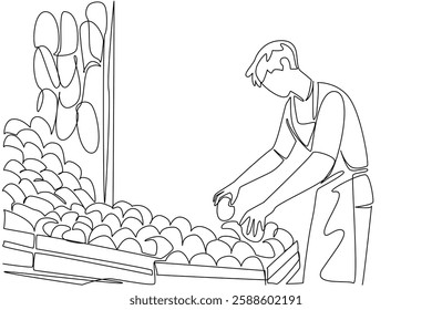 Single continuous line drawing man wearing apron is tidying up the fruit he is selling at his stall. Trader activities in the morning. National Small Business Day. One line design vector illustration