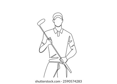 Single continuous line drawing a man wearing gloves holding a golf club with both hands. Hoping anxiously. Waiting for the first victory. Golfer. National Golf Day. One line design vector illustration