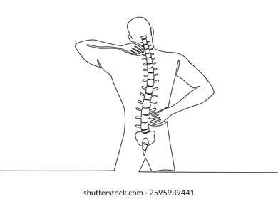 Single continuous line drawing a man holding the waist and neck. Xray appearance. Avoid serious injury. Check with an expert. Spinal Cord Injury Awareness Day. One line design vector illustration