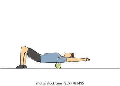 Single continuous line drawing a man exercising using a foam roller. Relaxation. Stretch out stiff muscles a bit. Minor injury recovery. National Foam Rolling Day. One line design vector illustration