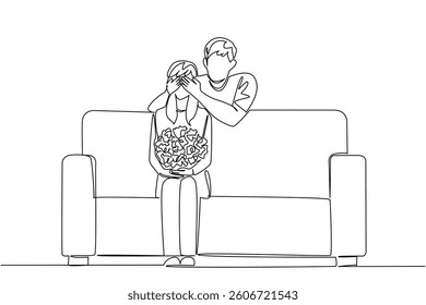 Single continuous line drawing a man gives a surprise bouquet of flowers to a woman sitting on sofa. Romantic wedding anniversary. Simple but meaningful. Surprise. One line design vector illustration