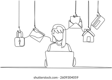 Single continuous line drawing man typing on laptop and some important icons. Differentiate passwords for digital security. National Senior Fraud Awareness Day. One line design vector illustration
