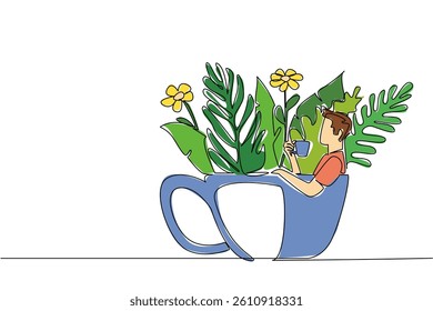 Single continuous line drawing man wearing casual clothes holding cup while soaking. Relax the body by relaxing while drinking coffee. Leisure. Soaking Inside Cup. One line design vector illustration