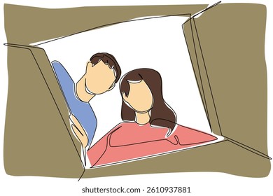 Single continuous line drawing a man and a woman open a cardboard box. Unwrapping surprises together. Pleasant surprises in memory. Couple in romance. Surprise. One line design vector illustration
