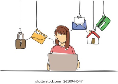 Single continuous line drawing man typing on laptop and some important icons. Differentiate passwords for digital security. National Senior Fraud Awareness Day. One line design vector illustration