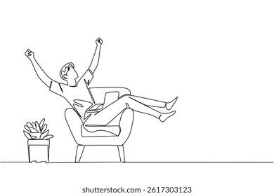 Single continuous line drawing a man sits on sofa with his legs and arms up and a laptop on his stomach. New business deal. Happiness. National Work From Home Day. One line design vector illustration