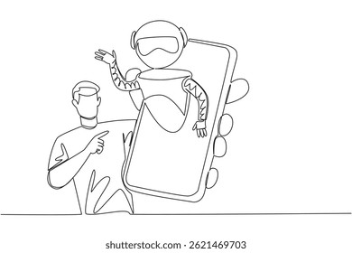 Single continuous line drawing a man holding a smartphone with a robot coming out of the screen. Technology made easy. Care. International Virtual Assistants Day. One line design vector illustration