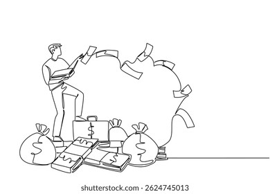 Single continuous line drawing a man stands on pile of banknotes and money bag throwing banknotes. Investing heavily. Leveraging resources. Be a Millionaire Day. One line design vector illustration