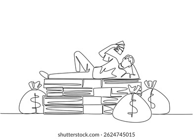 Single continuous line drawing a man lying on a pile of banknotes and fanning himself with the banknotes. Very abundant wealth. Achievement. Be a Millionaire Day. One line design vector illustration