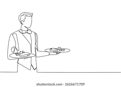 Single continuous line drawing a man wearing a waitress uniform carrying a plate of food in both hands. Work smartly. Value the time. Staff. National Waitstaff Day. One line design vector illustration