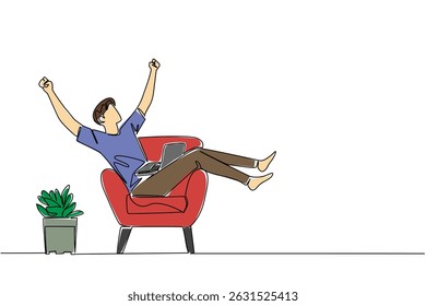 Single continuous line drawing a man sits on sofa with his legs and arms up and a laptop on his stomach. New business deal. Happiness. National Work From Home Day. One line design vector illustration