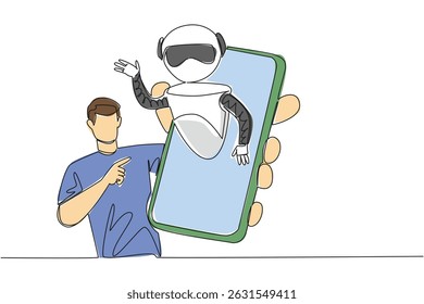 Single continuous line drawing a man holding a smartphone with a robot coming out of the screen. Technology made easy. Care. International Virtual Assistants Day. One line design vector illustration