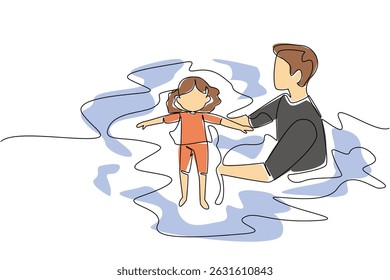 Uma linha contínua desenhando um homem segurando uma garota deitada de costas aprendendo a nadar. Ensine com paciência. Educar com dedicação. Dia Nacional de Aprendizagem de Nado. Ilustração de vetor de design de uma linha
