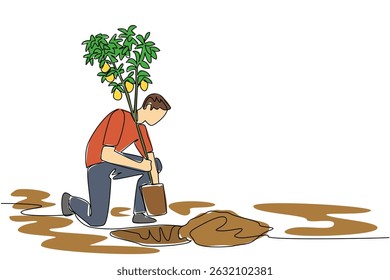 Uma única linha contínua desenhando um homem insere um limoeiro que dá fruto em um buraco no chão. Bem cultivado. Delicioso e refrescante. Plante um Dia da Árvore de Limão. Ilustração de vetor de design de uma linha
