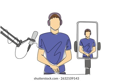 Single continuous line drawing a man using headphones and mic doing live streaming with a smartphone. Live broadcast to greet fans. Podcast. National Streaming Day. One line design vector illustration
