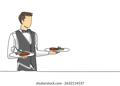 Single continuous line drawing a man wearing a waitress uniform carrying a plate of food in both hands. Work smartly. Value the time. Staff. National Waitstaff Day. One line design vector illustration