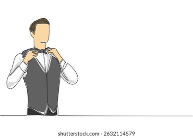 Uma única linha contínua desenhando um homem usando um uniforme de garçom segurando uma gravata borboleta com uma de suas mãos. Pronto para trabalhar durante feriados longos Dia Nacional de Waitstaff. Ilustração de vetor de design de uma linha