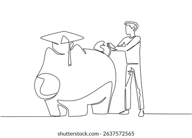 Single continuous line drawing a man puts a dollar coin into a big piggy bank wearing a graduation cap. Saving for education. Bank account. College Savings Day. One line design vector illustration