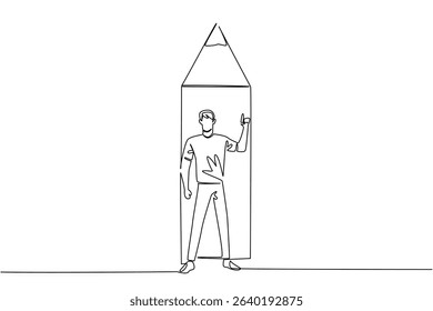 Single continuous line drawing a man standing in front of the bottom end of a pencil with a gesture. Writing solutions is the right way. National Creativity Day. One line design vector illustration