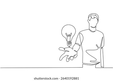 Single continuous line drawing a man opens his palm and a light bulb floats above his palm. Giving a very brilliant idea. Best solution. National Creativity Day. One line design vector illustration