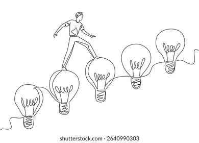 Single continuous line drawing a man walks on light bulbs arranged like stairs. Step carefully leaving wrong thoughts behind. Innovation. National Creativity Day. One line design vector illustration