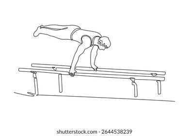Linha única contínua desenhando homem atleta fazendo handstand em barras paralelas no ginásio profissional. Apto desportista executar dublê em roupas de esporte. Ilustração de vetor de design gráfico de desenho dinâmico de uma linha