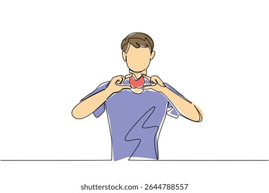Uma única linha contínua desenhando um homem com roupas casuais segura uma maquete de glândula tireoide com ambas as mãos. Mostra a glândula tireoide durante o tratamento. Doente. Dia Mundial da Tireoide. Ilustração de vetor de design de uma linha