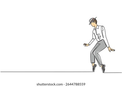 Single continuous line drawing a man wearing a white long sleeve shirt, trousers and a hat. Backing dancer for solo singer. Rhythmic. Fit. National Tap Dance Day. One line design vector illustration