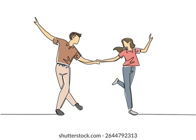 Single continuous line drawing man and woman in retro vintage clothes dancing lindy hop while holding hands. Exercise to stay fit. Excited. World Lindy Hop Day. One line design vector illustration