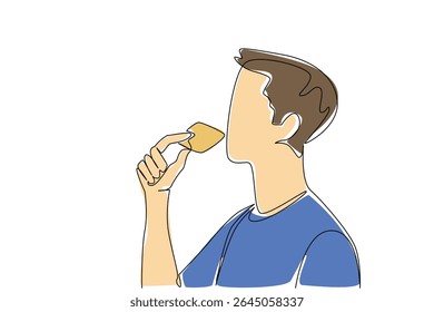 Uma única linha contínua desenhando um homem comendo biscoitos. Uma doce sobremesa. Preenchendo de uma maneira simples. Delicioso. Crocante. Cracker. Lanche. Café da manhã. Dia Nacional do Biscoito. Ilustração de vetor de design de uma linha