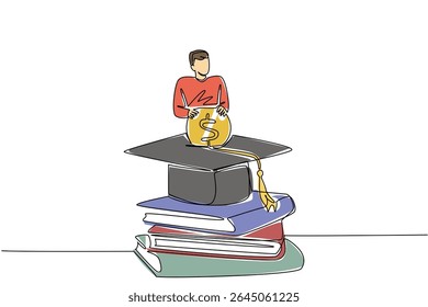 Single continuous line drawing a man standing behind a graduation cap inserting coins into the graduation cap. Investing for a better future. College Savings Day. One line design vector illustration