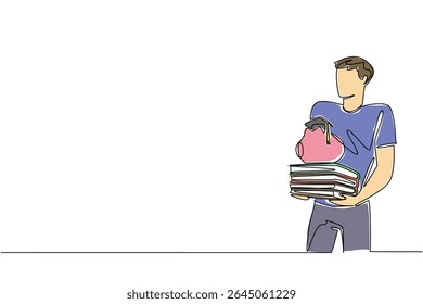 Single continuous line drawing man carrying stack of thick books with piggy bank with a graduation cap on top. Preparing for higher education. College Savings Day. One line design vector illustration