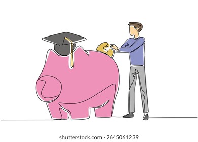 Single continuous line drawing a man puts a dollar coin into a big piggy bank wearing a graduation cap. Saving for education. Bank account. College Savings Day. One line design vector illustration