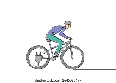 Uma linha contínua desenhando um homem andando de bicicleta e com um plugue de cabo em seu pneu. A semana perfeita para se exercitar com a tecnologia moderna. Dia Nacional Da Bicicleta E. Ilustração de vetor de design de uma linha