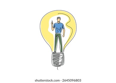 Single continuous line drawing a man in casual clothes with gestures got an idea in a lightbulb. Leadership spirit. Always think carefully. National Creativity Day. One line design vector illustration