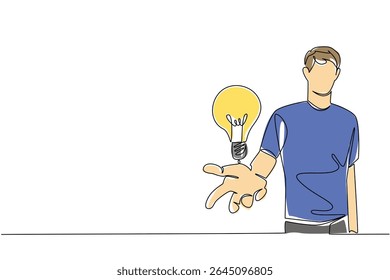 Uma única linha contínua desenhando um homem abre sua palma e uma lâmpada flutua acima de sua palma. Dando uma ideia muito brilhante. A melhor solução. Dia Nacional da Criatividade. Ilustração de vetor de design de uma linha