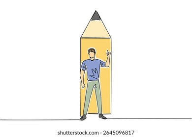 Single continuous line drawing a man standing in front of the bottom end of a pencil with a gesture. Writing solutions is the right way. National Creativity Day. One line design vector illustration