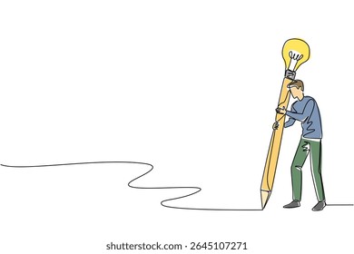 Single continuous line drawing a man writes using a large pencil with a light bulb at the end. Sharpening creative writing. Content writer. National Creativity Day. One line design vector illustration