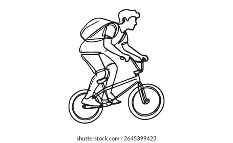 Single continuous line drawing of Man resting sitting on his bicycle in the park, Man riding bicycle continuous one line drawing. Riding bike single line art illustration. Editable vector.