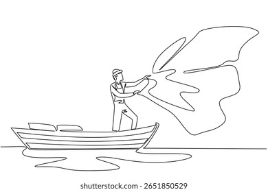 Uma única linha contínua desenhando um homem usa um colete e chapéu fica em um barco de madeira enquanto lança uma rede. É o mês da colheita do peixe. Pescador Segurar Peixe. Ilustração de vetor de design de uma linha
