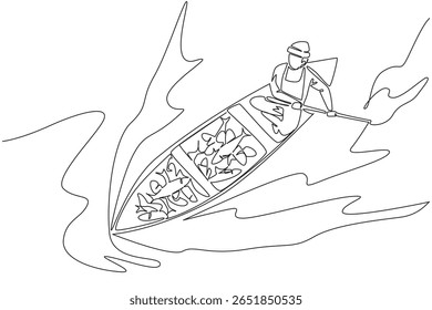 Single continuous line drawing a man wear jumpsuit and hat rowing a wooden boat with lots of fish in it. Abundant fish harvest. Lots of profit. Fisherman Hold Fish. One line design vector illustration