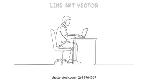 Un solo dibujo de línea continua de un hombre sentado en un escritorio de oficina y trabajando en una computadora portátil