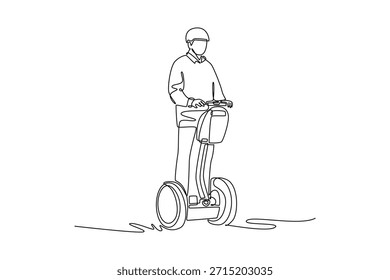 Homem de desenho de linha única contínua usando capacete e jaqueta, de pé em dois transportador de rodas. Transporte pessoal eficiente em ambientes urbanos. Ilustração de vetor de design gráfico com desenho de uma linha