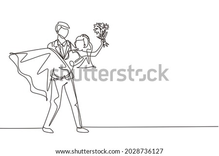 Single continuous line drawing man holding a woman wearing wedding dress with bouquet. Boy in love giving flowers. Happy couple getting ready for wedding party. One line draw graphic design vector