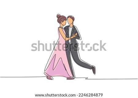 Single continuous line drawing man woman professional dancer couple dancing tango, waltz dances on dancing contest dancefloor. Romantic night. Dynamic one line draw graphic design vector illustration